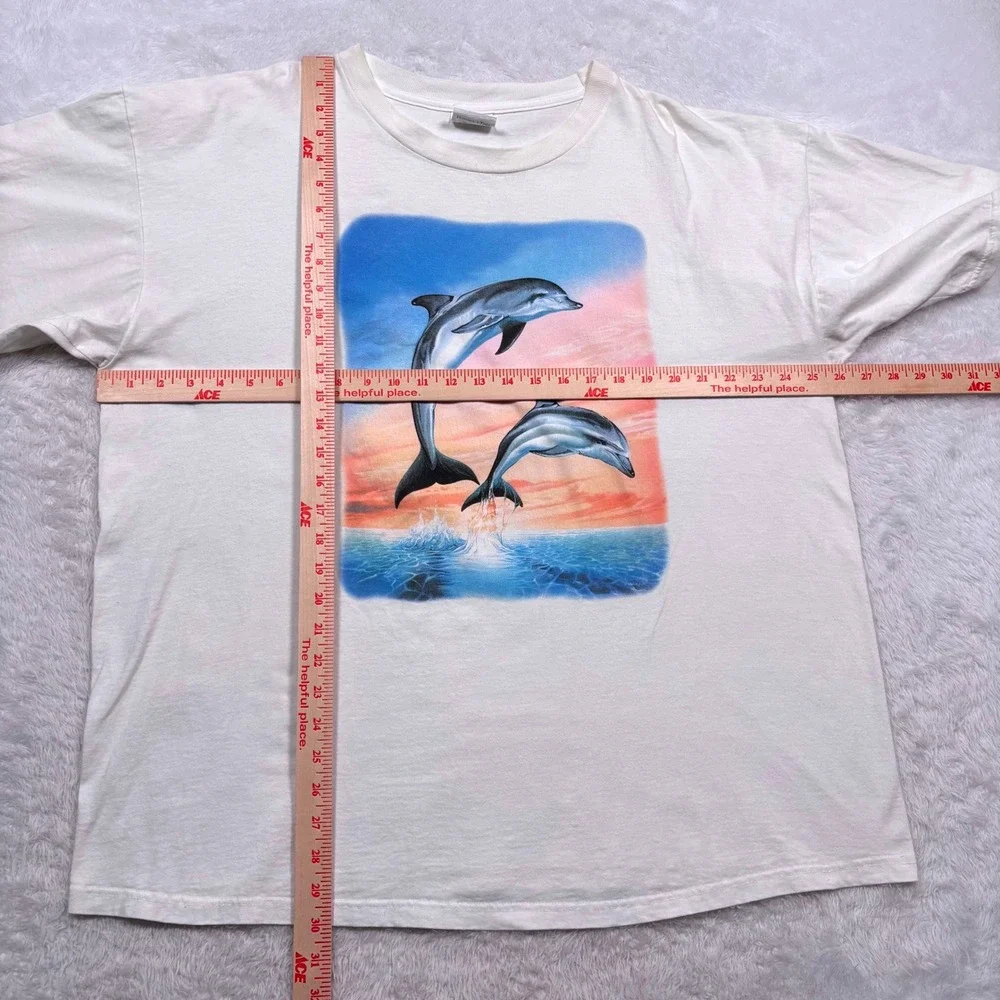 Vintage 90s Dolphins Sunset Nature Human-i-Tees Graphic T-Shirt Mens XXL White